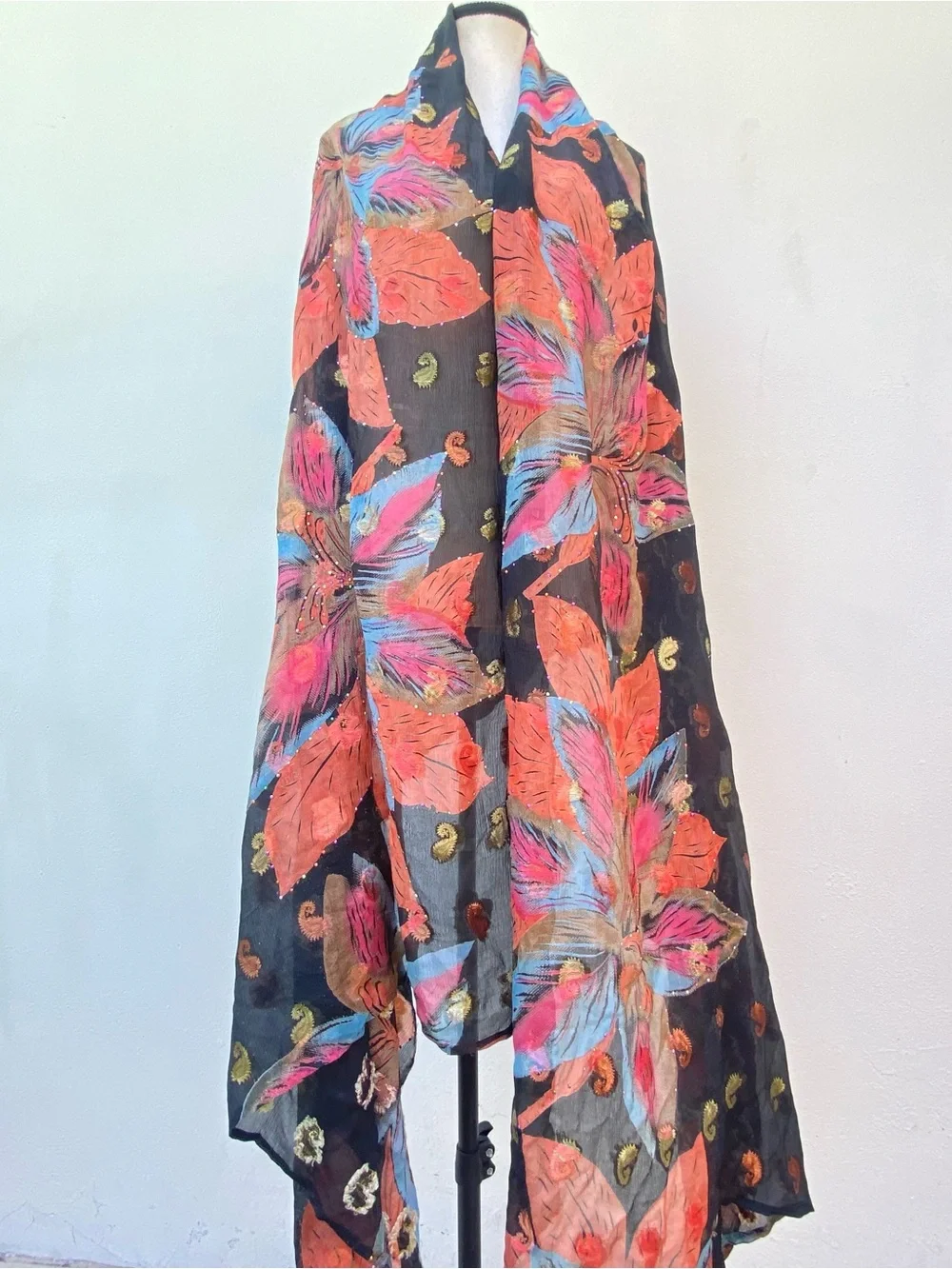 Whimsy 100% Silk Black Multicolor Floral Paisley Embroidered Rhinestone Shawl